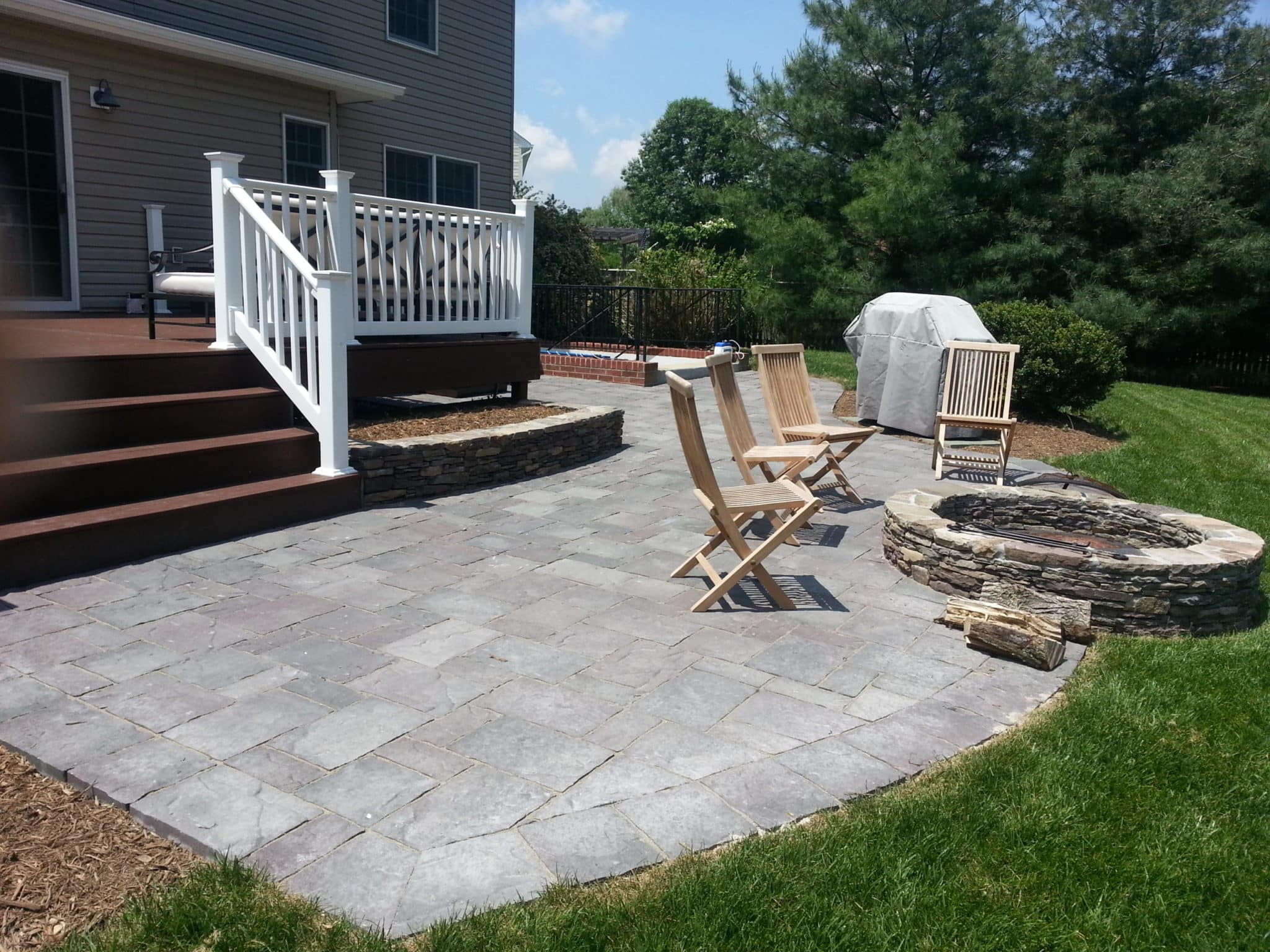 Paver Patio, Stone Firepit and Stone Retaining Garden Walls