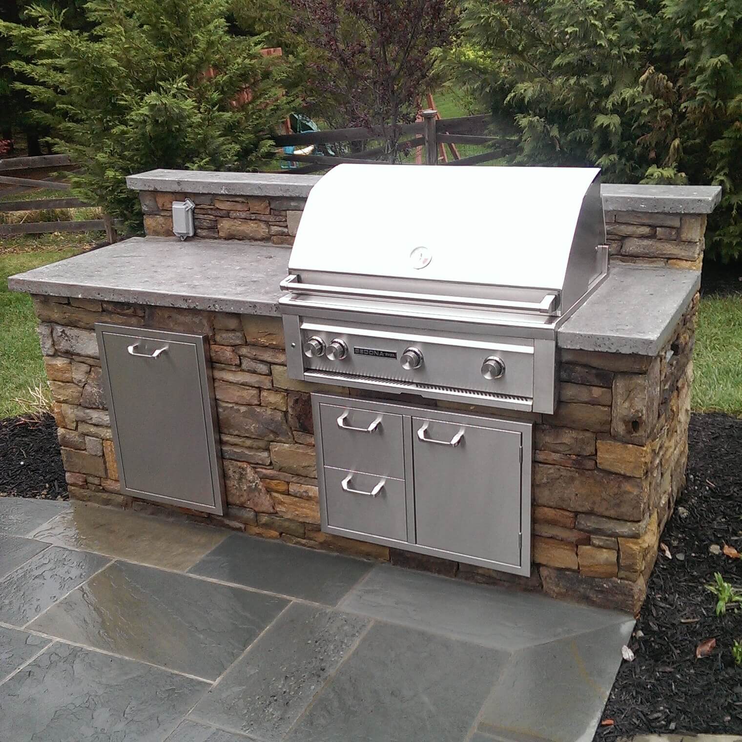 330 Custom Built Gas Grill with PA Beige Wall Stone and Concrete Countertop