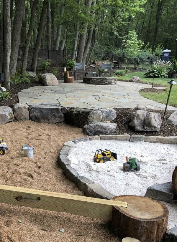 673 Informal Irregular Flagstone Patio and Stone Firepit with Natural Play Space