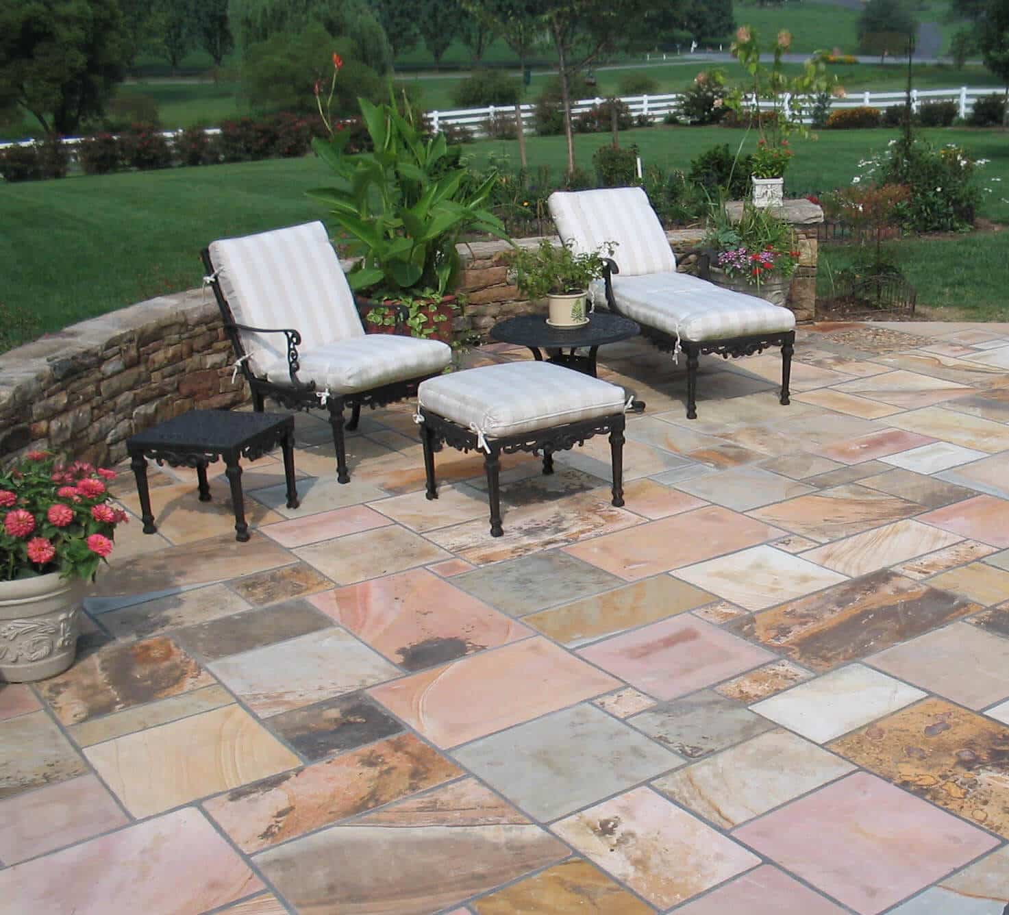 10 Stone Patio and Curved Stone Sitting Wall with Capped Column