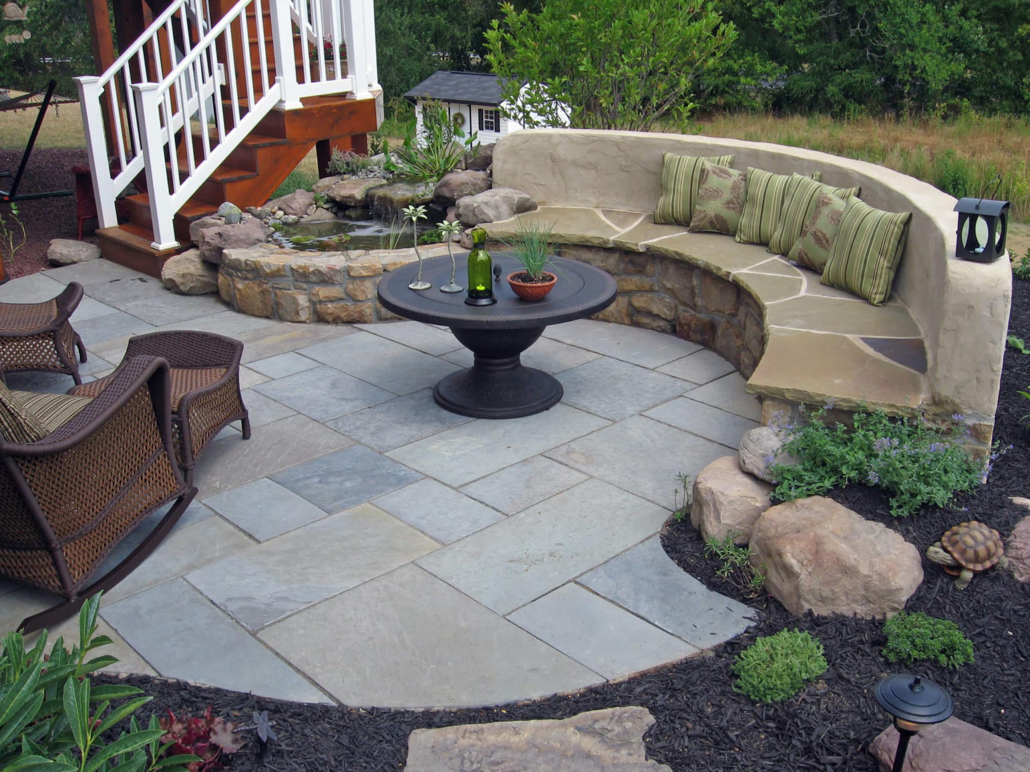 112 Flagstone Patio with Built-in Seating and Water Feature