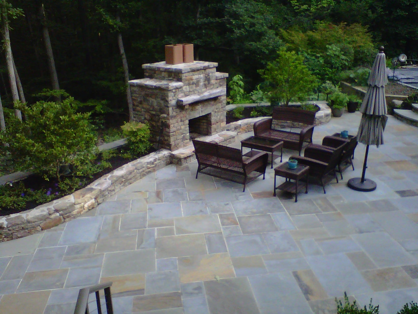 12 Flagstone Patio with Western Maryland and PA Beige Stone Garden Walls and Stone Fireplace