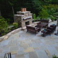 12 Flagstone Patio with Western Maryland and PA Beige Stone Garden Walls and Stone Fireplace