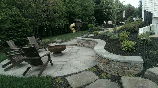 Flagstone Patios with PA Beige Stone Wall and Stairs with Flagstone Treads