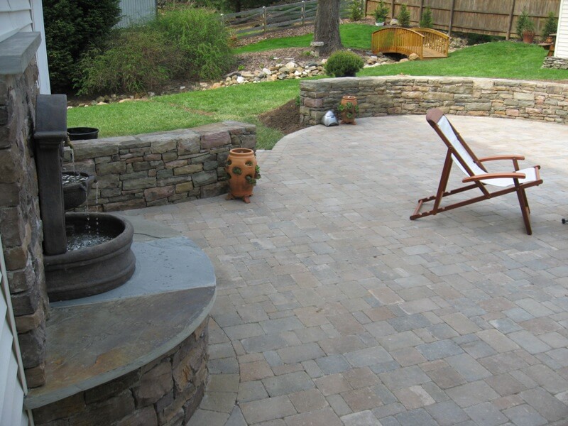 236 Paver Patio with Double-Sided Stone Wall and Elevated Water Feature