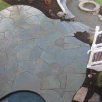 241 View from Deck of Flagstone Patio, Stone Firepit and Custom Built-in Bench and Retaining Wall