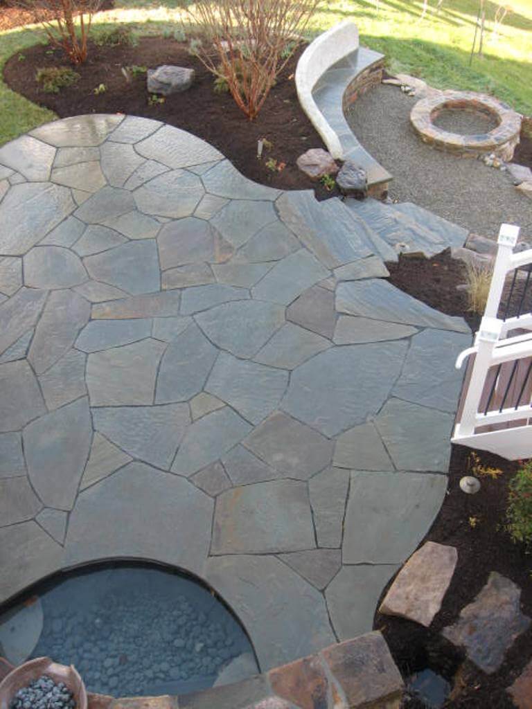 241 View from Deck of Flagstone Patio, Stone Firepit and Custom Built-in Bench and Retaining Wall