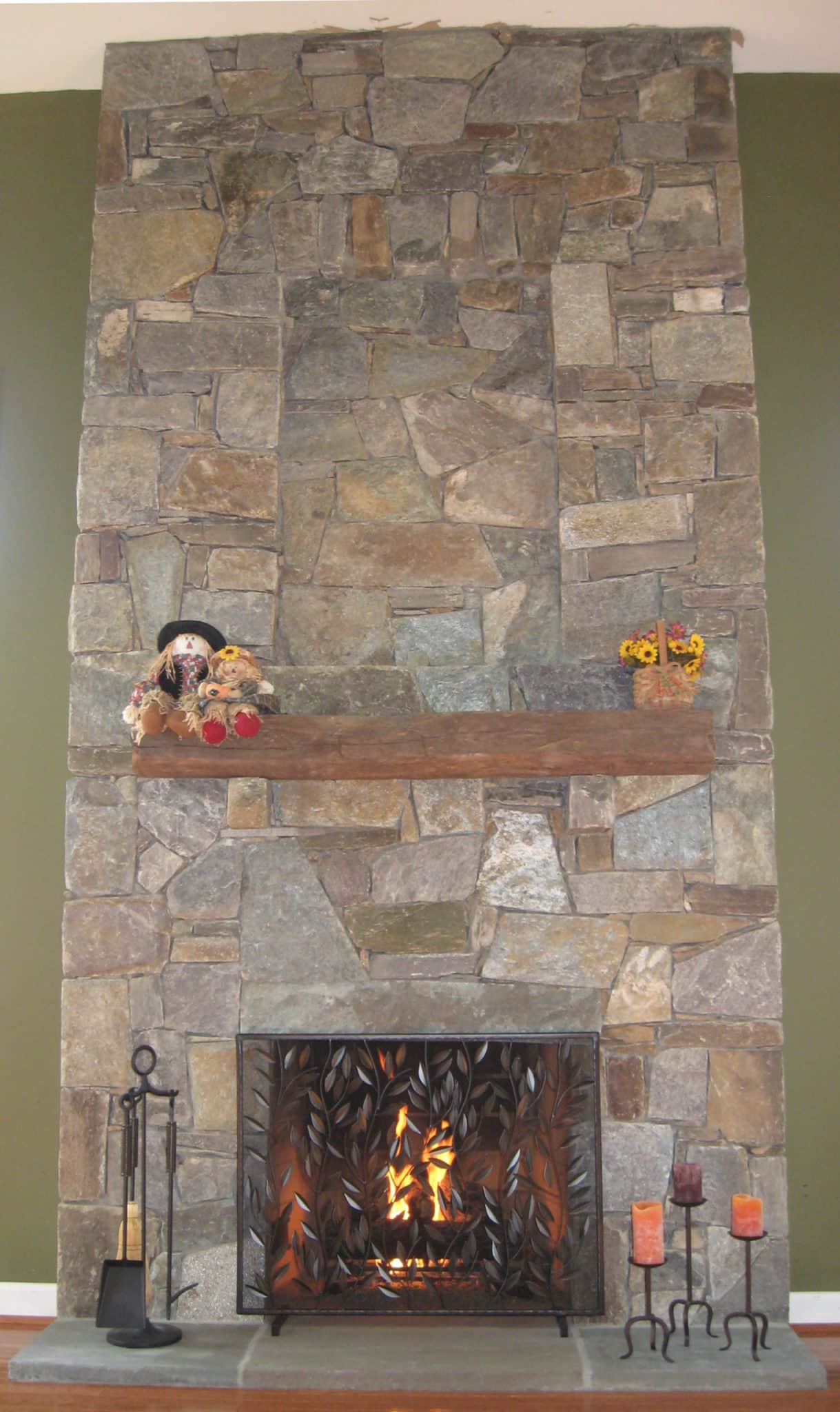 268 Two Story Stone Fireplace with Timber Mantle