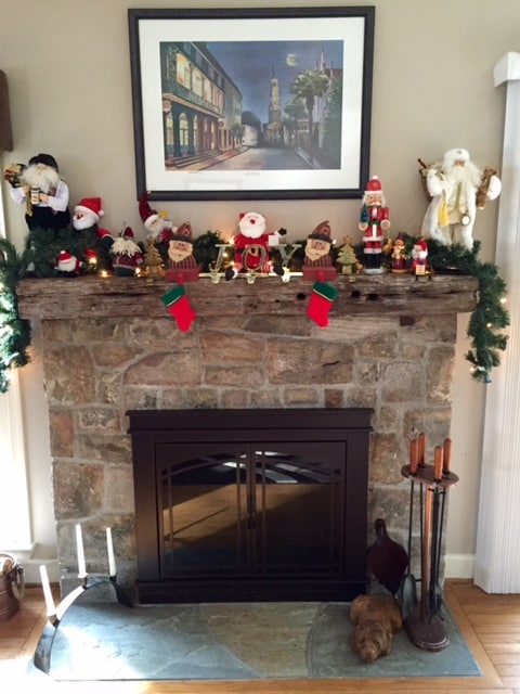 271 Stone Fireplace with Flush Flagstone Hearth and Distressed Wood Mantle