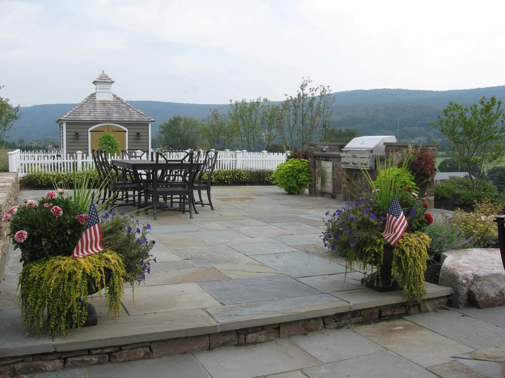 310 Formal Flagstone Patio with Stone Walls, Built In Grill, Boulders and Potager Garden