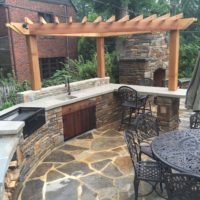 398 Outdoor Kitchen and Fireplace in Baltimore Wall Stone with Custom Cedar Pergola