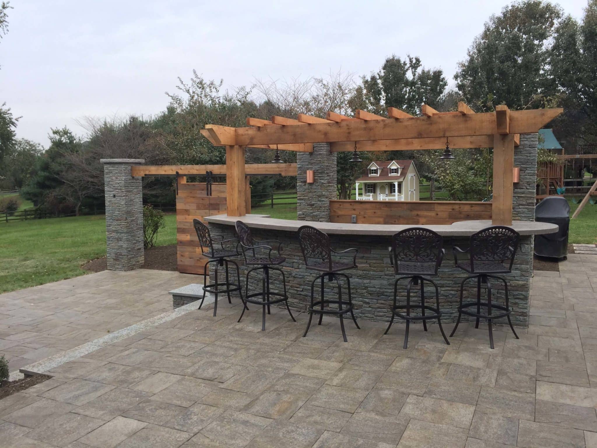 568 Custom Stone Bar and Concrete Counter with Cedar Pergola