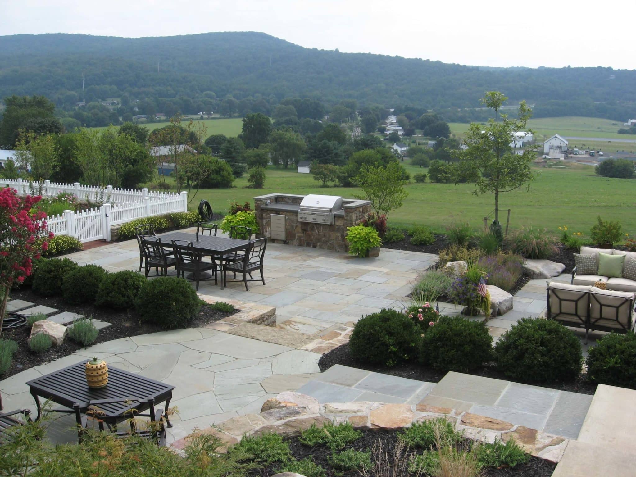 664 Formal Flagstone Patio with Stone Walls, Built In Grill, Boulders and Potager Garden
