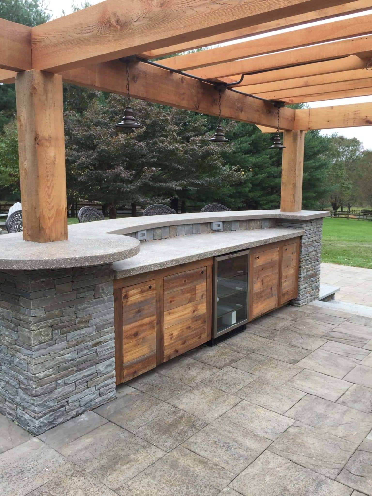 669 Custome Stone Bar and Concrete Counter with Cedar Pergola