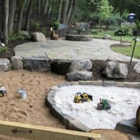 673 Informal Irregular Flagstone Patio and Stone Firepit with Natural Play Space