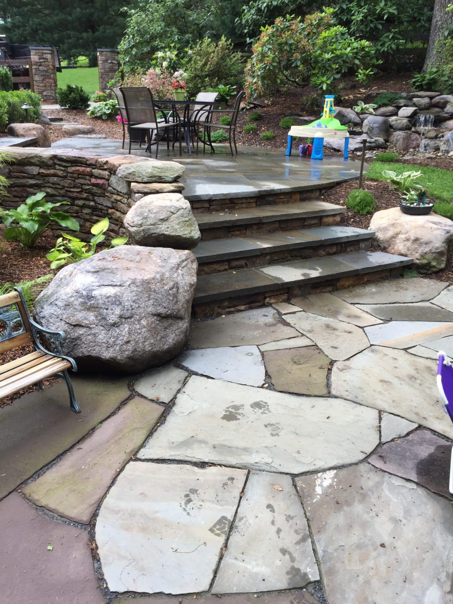 Boulders and Stone Steps Connect Flagstone Patios
