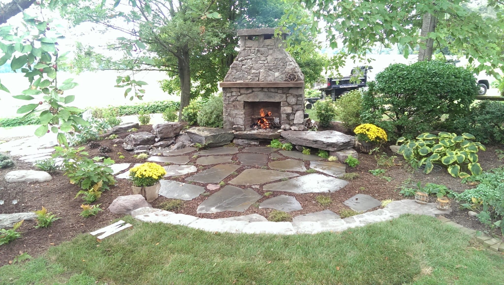 Loosely Laid Flagstone Patio at Custom Fireplace