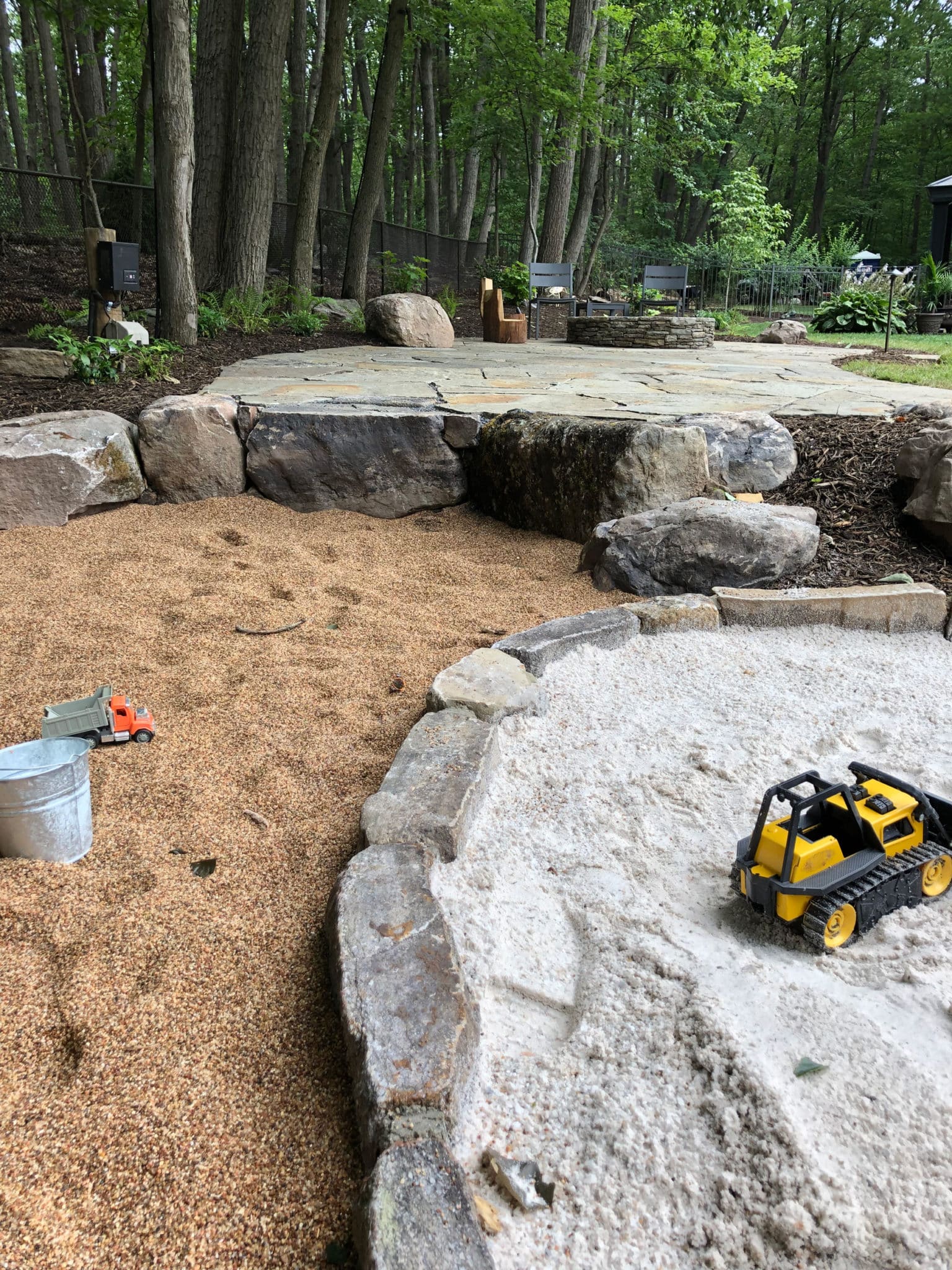 Flagstone Patio, Natural Sand Box and Gravel Pit Play Space